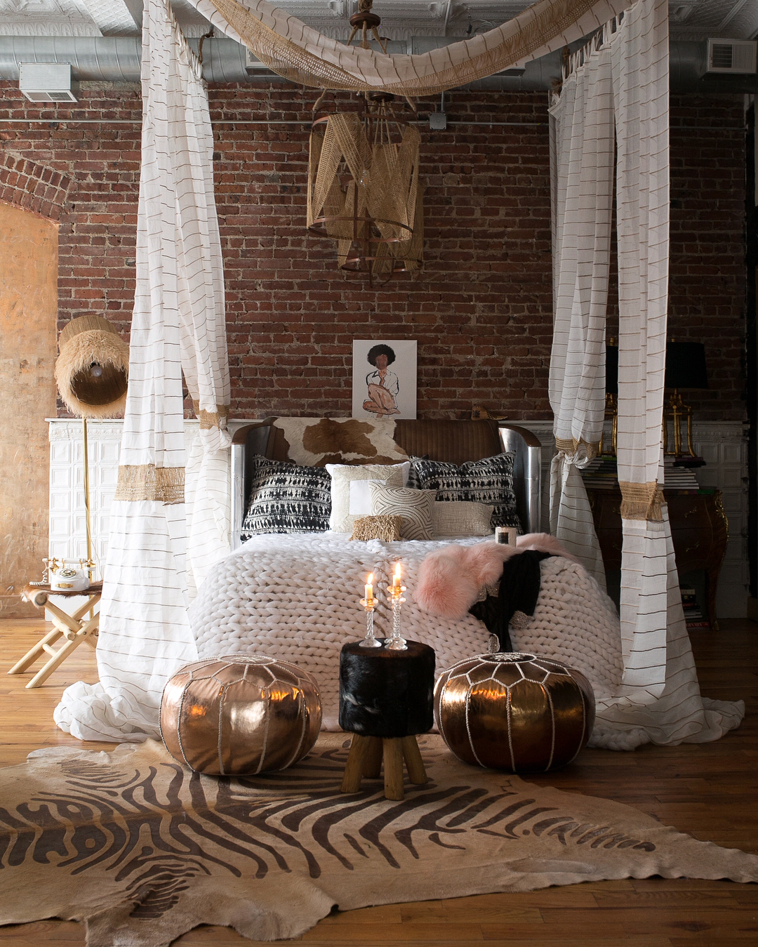 personal eclectic interior design style bedroom with brick walls