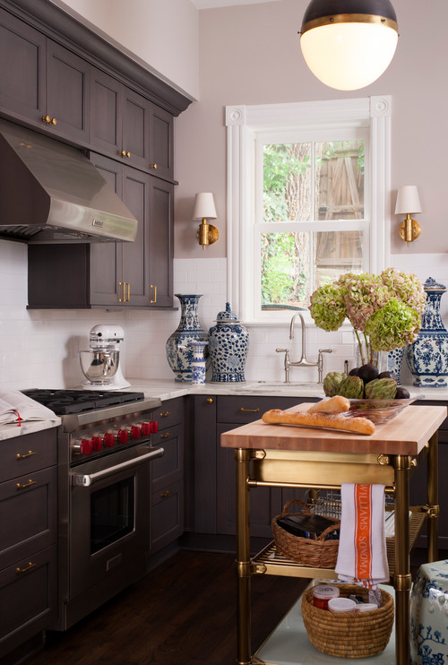 kitchen with brass Rolling island kitchen cart